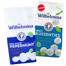 Wilhelmina pepermunt extra
fris, verfrissende pepermunt
of mint kussentjes